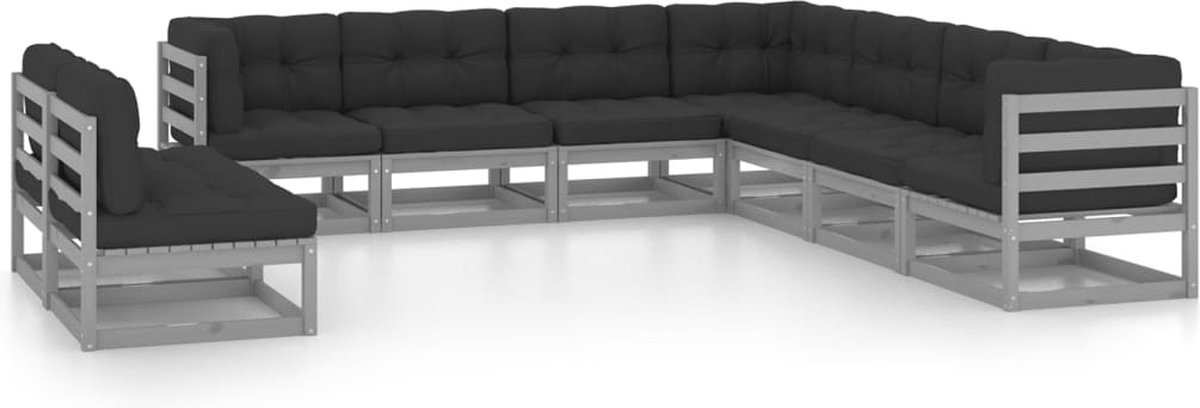 The Living Store 9-delige Loungeset met kussens massief grenenhout grijs - Tuinset - Lounge Set - Tuinmeubels - Houten Loungebank - Grensenvloeren