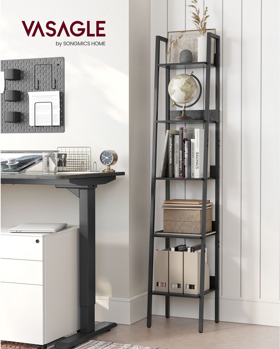 4-Tier Ladder Boekenplank - Open Industrial Style Etagere Houten Rekken - Vrijstaande Boekenkast voor thuis of op kantoor door Lavish Home (Grijze Houtgrain