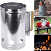 Cheqo® Brikettenstarter - Houtskoolstarter Metaal - BBQ Starter - Barbecue Snelstarter - 27x16cm - BBQ-starter - Aanmaakblokjes - Vuurvaste Ondergrond - Houten Handvat - Hitteschild