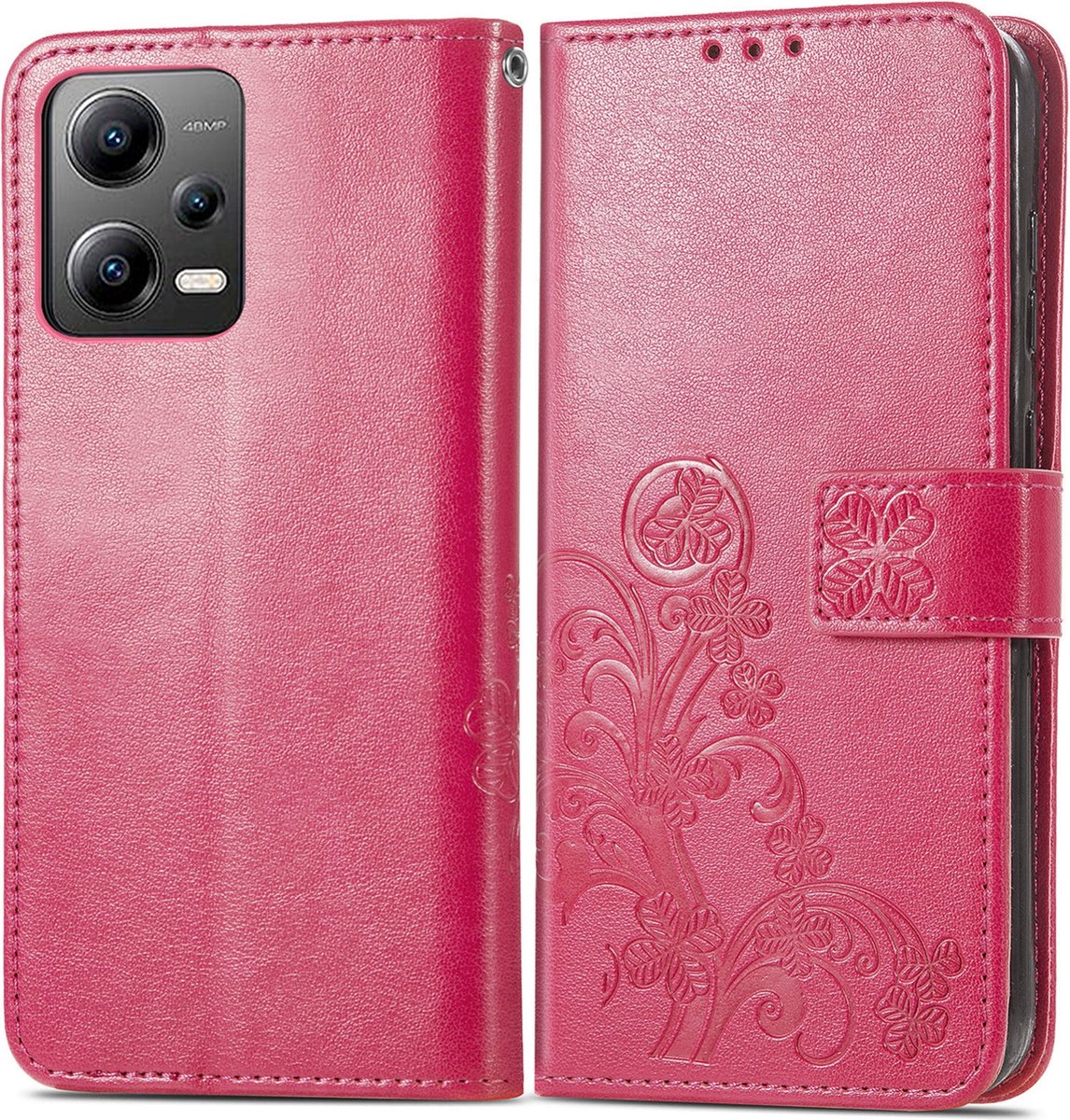 Mobigear Telefoonhoesje geschikt voor POCO X5 Hoesje | Mobigear Clover Bookcase Portemonnee | Pasjeshouder voor 3 Pasjes | Telefoonhoesje voor Pinpas / OV Kaart / Rijbewijs - Magenta