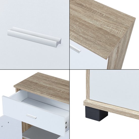 Close-ups van een dressoir met eikenhouten details, lade en poot.