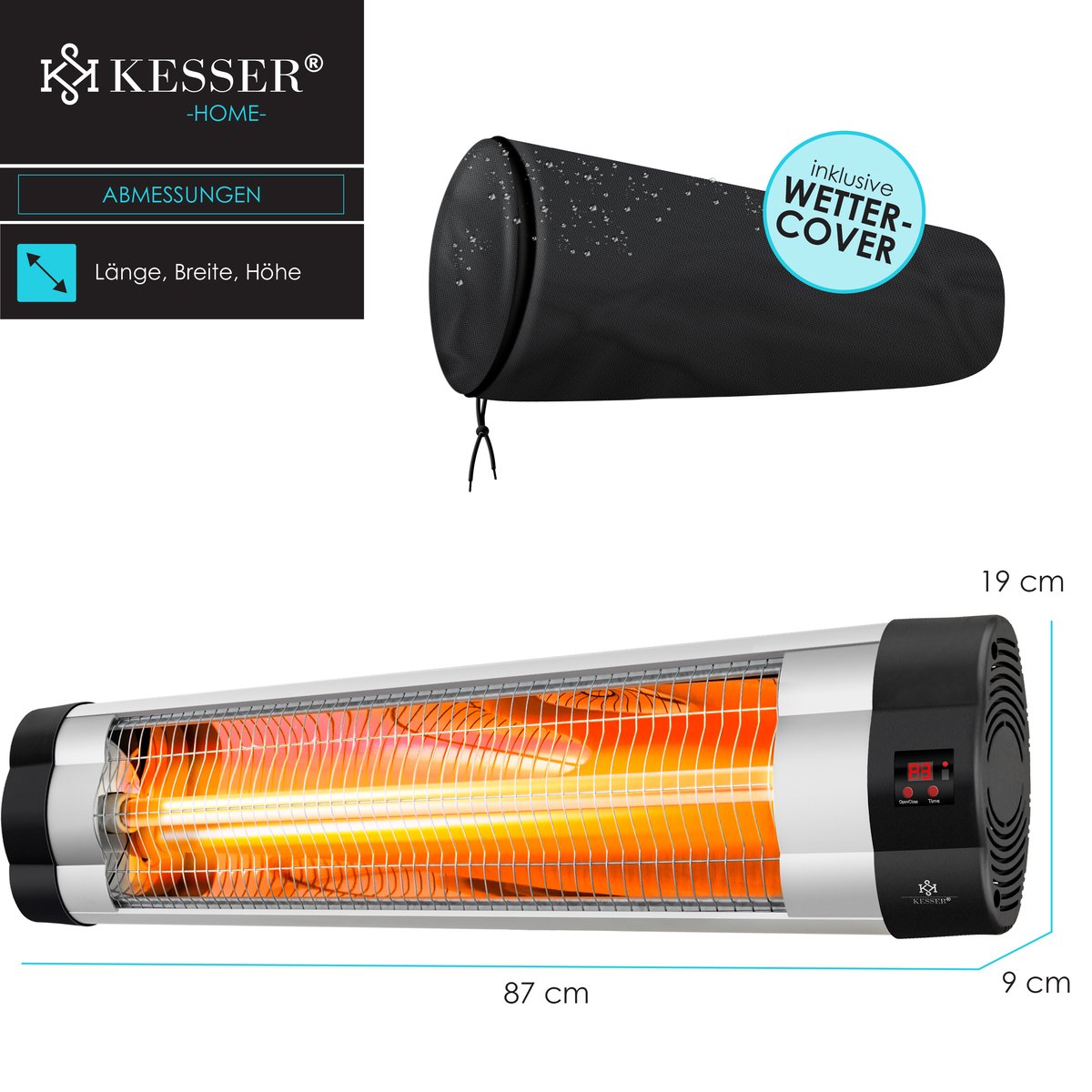 KESSER Terrasverwarmer Elektrisch 2500 W Wandmontage - Infrarood Heater voor Buiten met Afstandsbediening en Hoes, 3 Warmtestanden - Zilver/Zwart – foto 3