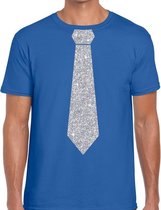 Blauw fun t-shirt met stropdas in glitter zilver heren L