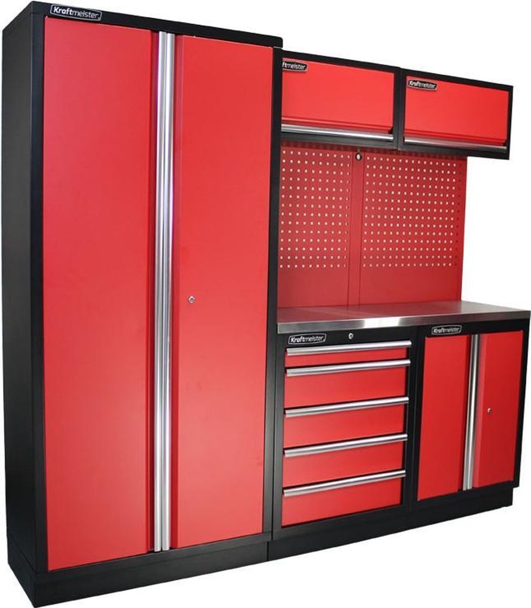 Kraftmeister werkplaatsinrichting - Werkbank met 2 wandkasten, 1 werkplaatskast, 1 opbergkast en RVS werkblad - Werktafel met 5 laden en gereedschapswand - Complete set voor werkplaats of garage - Rood