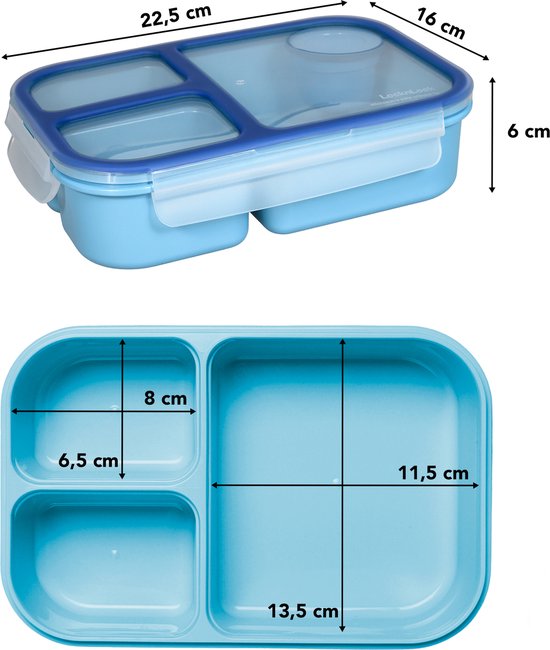 Lock&Lock Lunch Box - Bento Box - Boîte à pain - Salad Lunch Box - Avec 3 compartiments | Coffrets - Avec Dressing | Tasse à Sauce - Adultes et Enfants - To Go - Anti-fuite - Sans BPA - 980 ml - Blauw