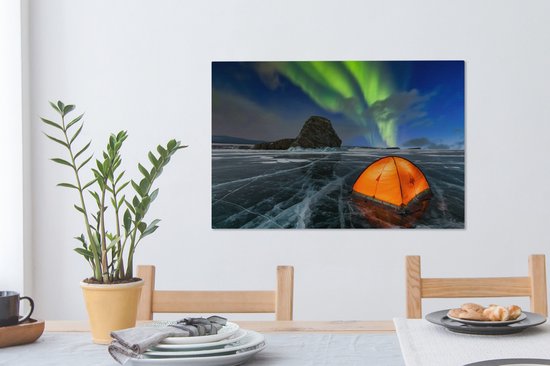 Tente sur la glace sous les aurores boréales toile 2cm 90x60 cm - Tirage photo sur toile (Décoration murale salon / chambre) / phénomènes naturels Peintures sur toile