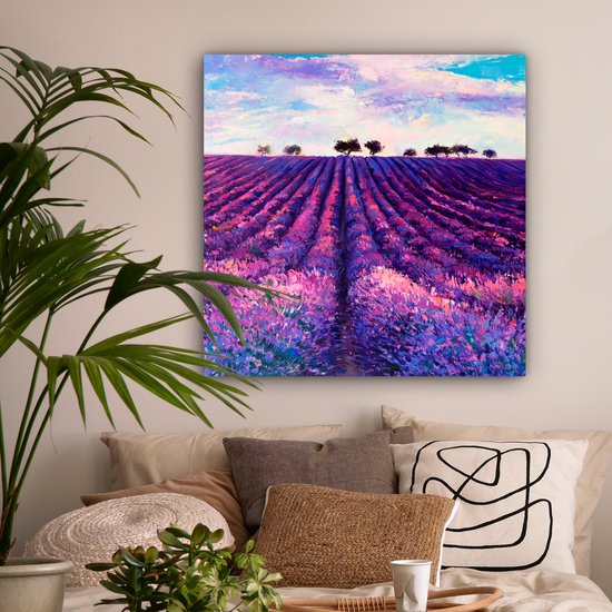 Toile - Huile - Fleurs - Lavande - Peinture - Violet - 90x90 cm - Décoration murale - Intérieur