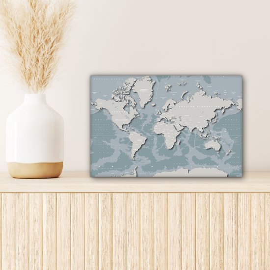Wereldkaart - Blauw - Grijs - Toile Klein 40x30 cm | Carte du monde peinture sur toile