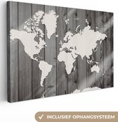 Carte du monde blanc transparent sur fond de planches de bois en noir et blanc | Wereldkaart en bois 60x40 cm