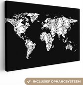 Canvas Wereldkaart - 90x60 - Wanddecoratie Wereldkaart - Zwart - Wit - Bladeren