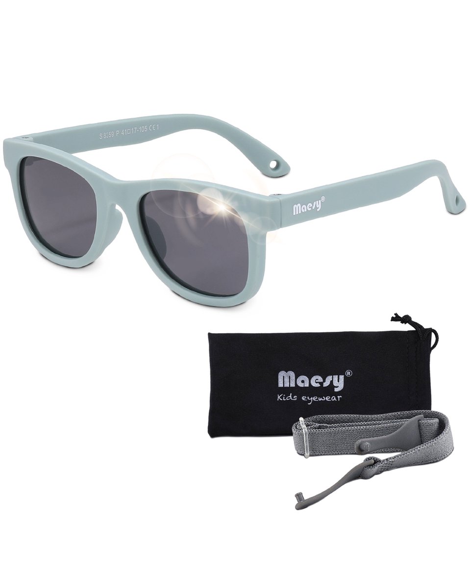 Maesy - baby zonnebril Indi - 0-2 jaar - flexibel buigbaar - verstelbaar elastiek - gepolariseerde UV400 bescherming - jongens en meisjes - babyzonnebril vierkant - licht blauw - Maesy