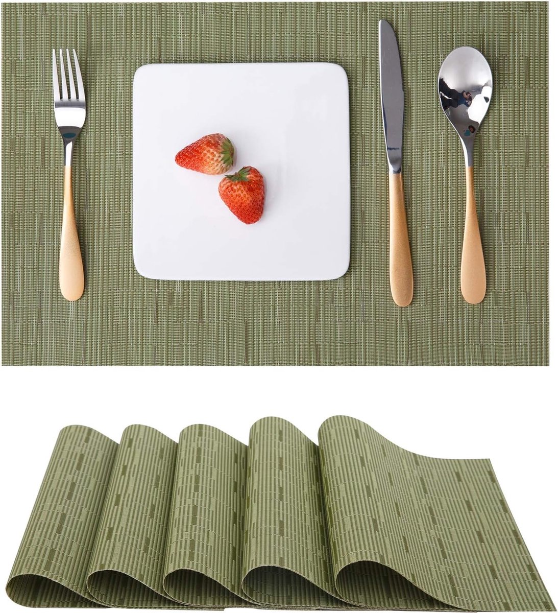 Placemats Set van 6, Vinyl Placemats Geweven Wasbaar Hittebestendige Antislip Geschikt voor Keuken Familie Restaurant Koffiebar (Groen)