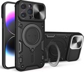 Hoesje met Camera Slider Geschikt voor de Apple iPhone 15 Pro Max - Back Cover met Standaard - Uitklapbare Kickstand Ring - Beschermhoes TPU - Magneet voor Auto Houder Zwart