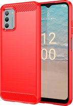 Nokia G42 Hoesje - MobyDefend TPU Gelcase - Geborsteld Metaal + Carbonlook - Rood - GSM Hoesje - Telefoonhoesje Geschikt Voor Nokia G42