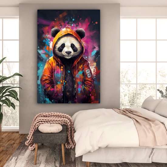 Tableau sur toile Panda - Manteau - Graffiti - Oranje - 120x180 cm - Décoration murale XXL