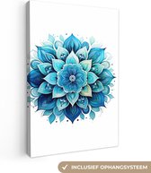 Canvas Schilderij Mandala - Blauw - Wit - Bloemen - 40x60 cm - Wanddecoratie