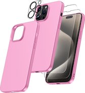 Hoesje Geschikt voor iPhone 15 Pro – Zacht siliconen liquid backcover met 2x screenprotector gehard glas en 1x lens protector – Licht Roze
