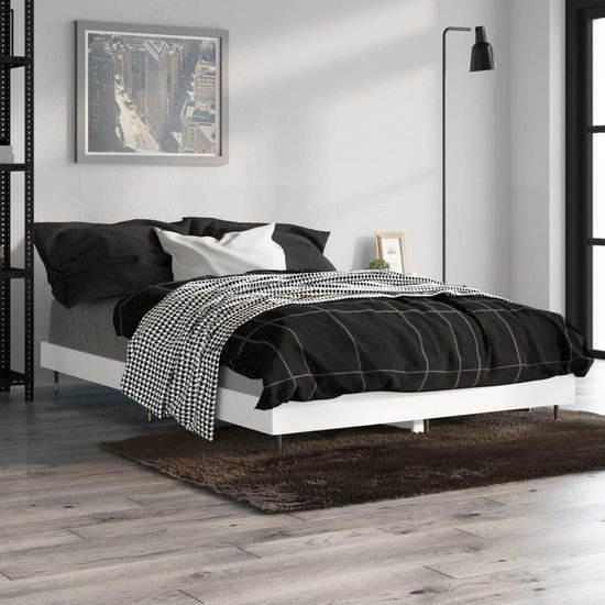 The Living Store Bedframe - Hout en Metaal - Multiplex lattenbodem - Wit - 193 x 123 x 20 cm