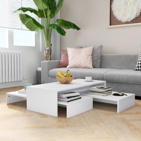 The Living Store Salontafelset - wit bewerkt hout - afmetingen- 100 x 100 x 26.5 cm - inclusief 1x hoge tafel en 2x lage tafel