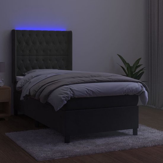 The Living Store Bed Boxspring - Fluweel - Pocketvering - LED - 203x93x118/128 cm - Donkergrijs
