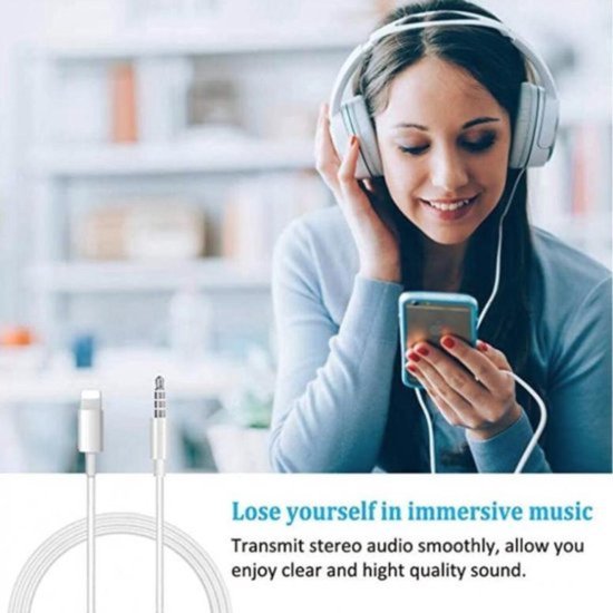 Audio AUX Kabel naar Lightning USB - 3.5mm Hoofdtelefoon Muziek Aansluiting - Audio jack - Autokabel - Wit - TrendX