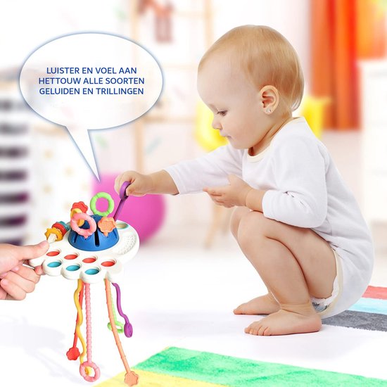 Jouet Sensoriel Montessori En Silicone Alimentaire - Forme Pieuvre, Cordes à Tirer - Pour Bébé 6 Mois+ - Développe Motricité Fine - 7
