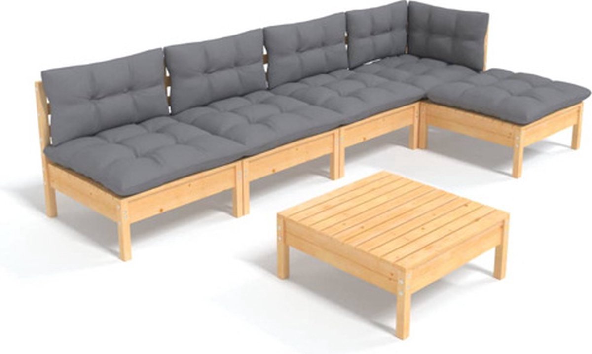 The Living Store 6-delige Loungeset met grijze kussens grenenhout - Lounge Bank - Tuinset - Lounge Set - Tuinmeubilair - Hout Meubel
