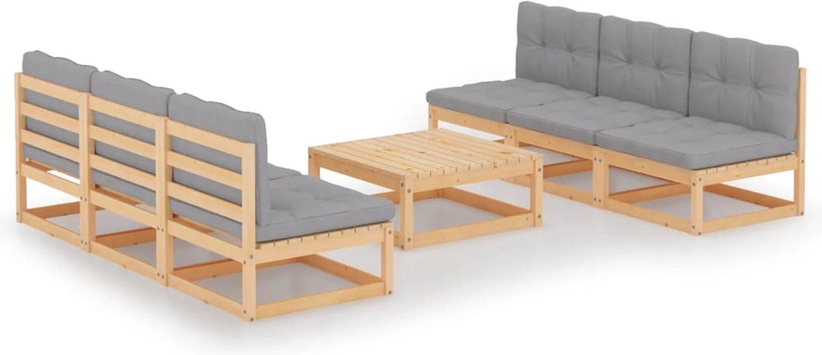 Massief grenenhouten loungeset met kussens voor tuinmeubelen - 7-delige set.