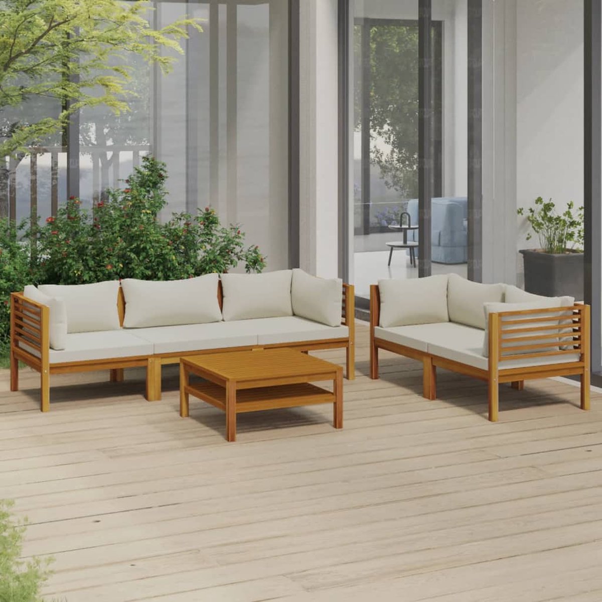 The Living Store 6-delige Loungeset met crèmekleurige kussens massief acaciahout - Loungebank - Tuinstoel - Acacia Hout - Lounge Set - Buitendining