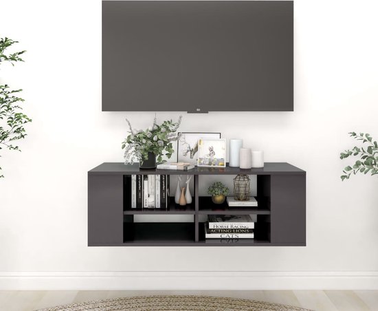The Living Store Hangend TV-meubel - Stereokast - Hoogglans grijs - 102 x 35 x 35 cm - Verstelbare middenschappen
