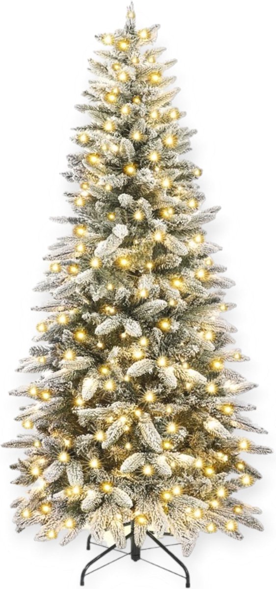 EdelSpar Kunstkerstboom 180cm met verlichting slank - Kerstboom slank met LED lampjes en sneeuw - Boom met witte sneeuw - Kunstboom - Brandwerend - Kerstversiering - Kerstboomverlichting - Standaard - Christmas Tree