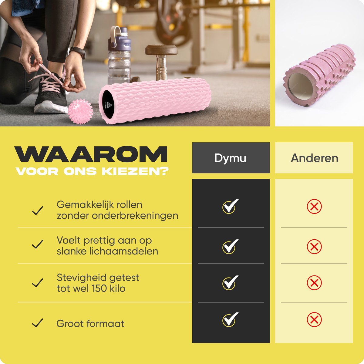 Dymu Foam Roller - Extra groot 45 cm, Roze Massage Roller voor Triggerpoint, Yoga & Spierherstel - Lacrosse Bal & Foamroller thumbnail 2
