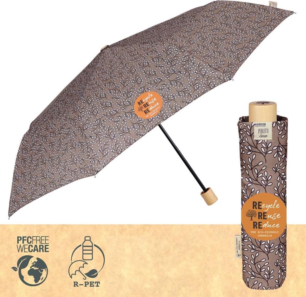 GREEN Eco Duurzame Opvouwbare Paraplu voor Vrouwen - Vouwparaplu Organisch Natuurlijk Houten Handvat met Handmatige Opening - Lichtgewicht Windbestendige Reisparaplu (Bruin met Witte Bloemen)