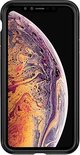 iPhone met een scherm met een abstracte paarse en oranje print, geplaatst in een transparante hoes met zwarte randen.