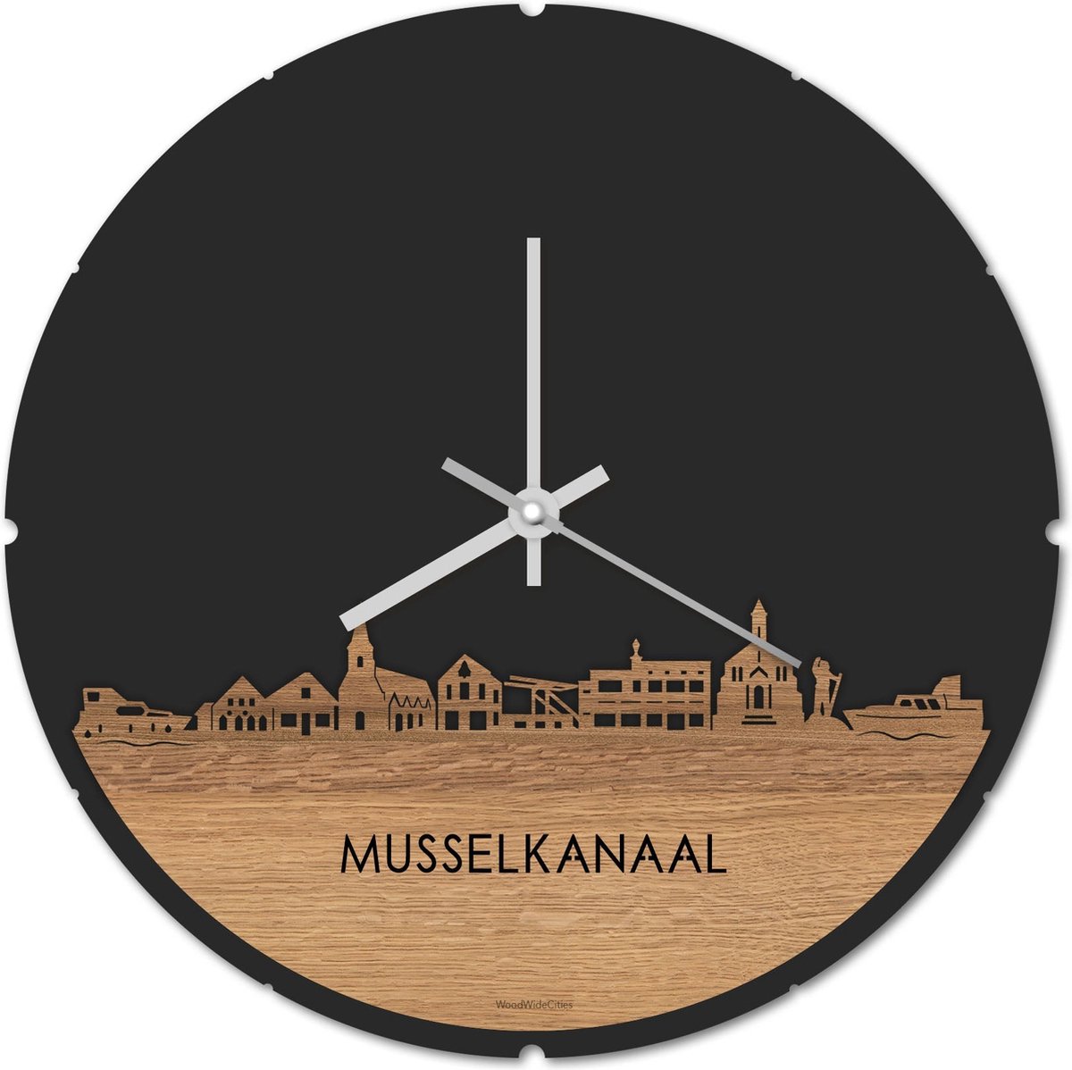 Skyline Klok Rond Musselkanaal Eikenhout - Ø 44 cm - Stil uurwerk - Wanddecoratie - Meer steden beschikbaar - Woonkamer idee - Woondecoratie - City Art - Steden kunst - Cadeau voor hem - Cadeau voor haar - Jubileum - Trouwerij - Housewarming -