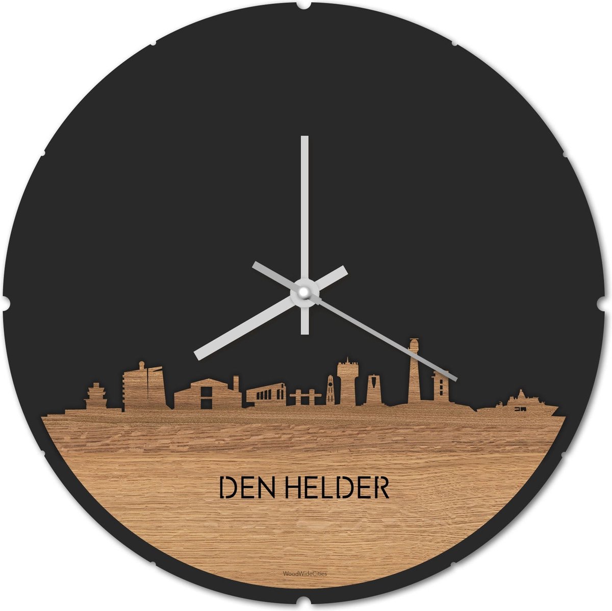 Skyline Klok Rond Den Helder Eikenhout - Ø 44 cm - Stil uurwerk - Wanddecoratie - Meer steden beschikbaar - Woonkamer idee - Woondecoratie - City Art - Steden kunst - Cadeau voor hem - Cadeau voor haar - Jubileum - Trouwerij - Housewarming -