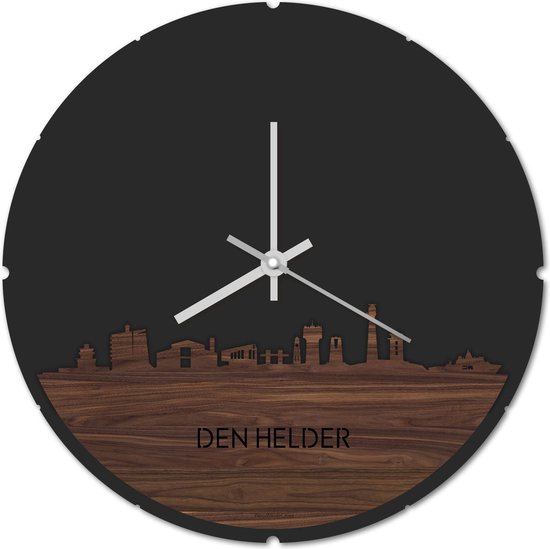 Skyline Klok Rond Den Helder Notenhout - Ø 44 cm - Stil uurwerk - Wanddecoratie - Meer steden beschikbaar - Woonkamer idee - Woondecoratie - City Art - Steden kunst - Cadeau voor hem - Cadeau voor haar - Jubileum - Trouwerij - Housewarming -