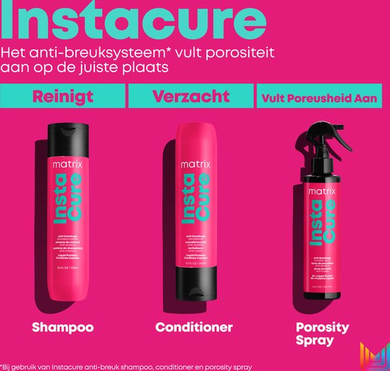 Shampooing, après-shampooing et spray porosité Matrix Insta Cure sur fond rose.