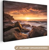 Canvas doek - Foto op canvas - Landschap - Zonsondergang - Zee - Rotsen - Wolken - 180x120 cm - Canvas doek
