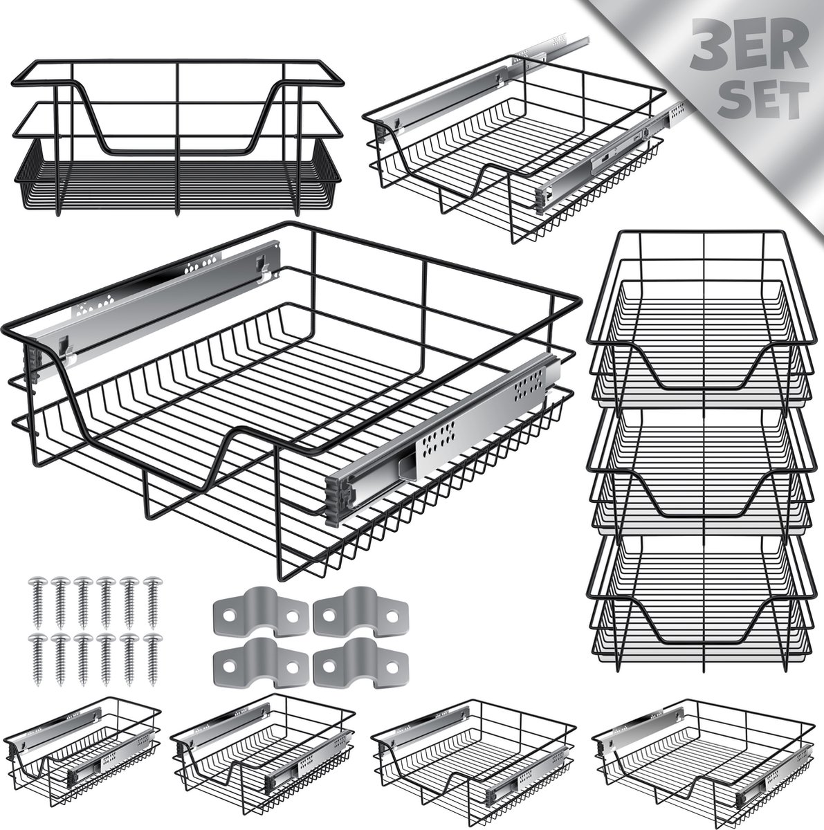 KESSER® Keukenlade / Telescopische lade / Keukenkast / Mand uittrekbaar / Kast uittrekbaar / Volledig uittrekbaar / Lade - 3x 50cm - Zwart