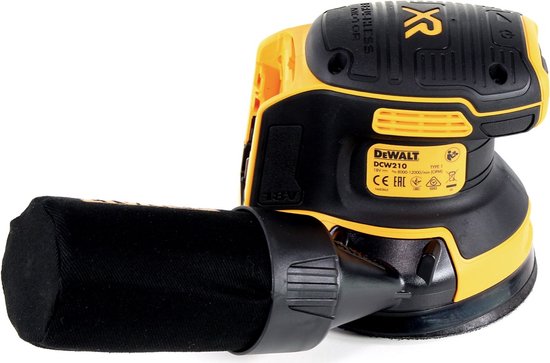 DeWalt DCW210 18V Brushless excenterschuurmachine met stofafzuiging, zwart en geel.