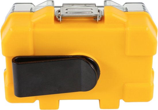 Gele DeWalt bitset met gesloten transparante cassette en zwarte clip aan de achterkant.