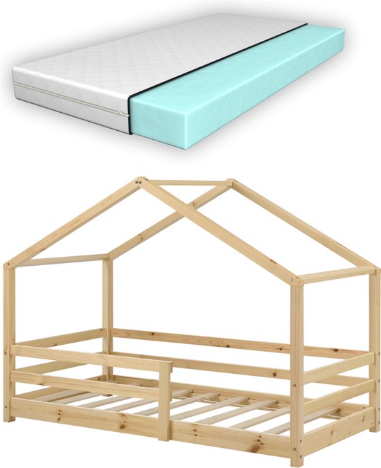 Kinderbed Patsy - Grenen - Huisbed - Met matras en valbescherming - 80x160 cm - Houtkleurig - Voor meisjes - Voor jongens - Voor kinderen