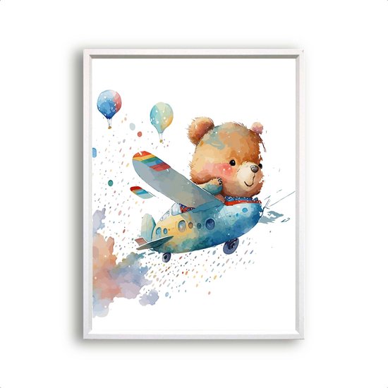 Poster Aquarel Baby Beer in Vliegtuig - Waterverf - Dierenposter - Babykamer / Kinderposter - Muurdecoratie - 50x40cm - PosterCity