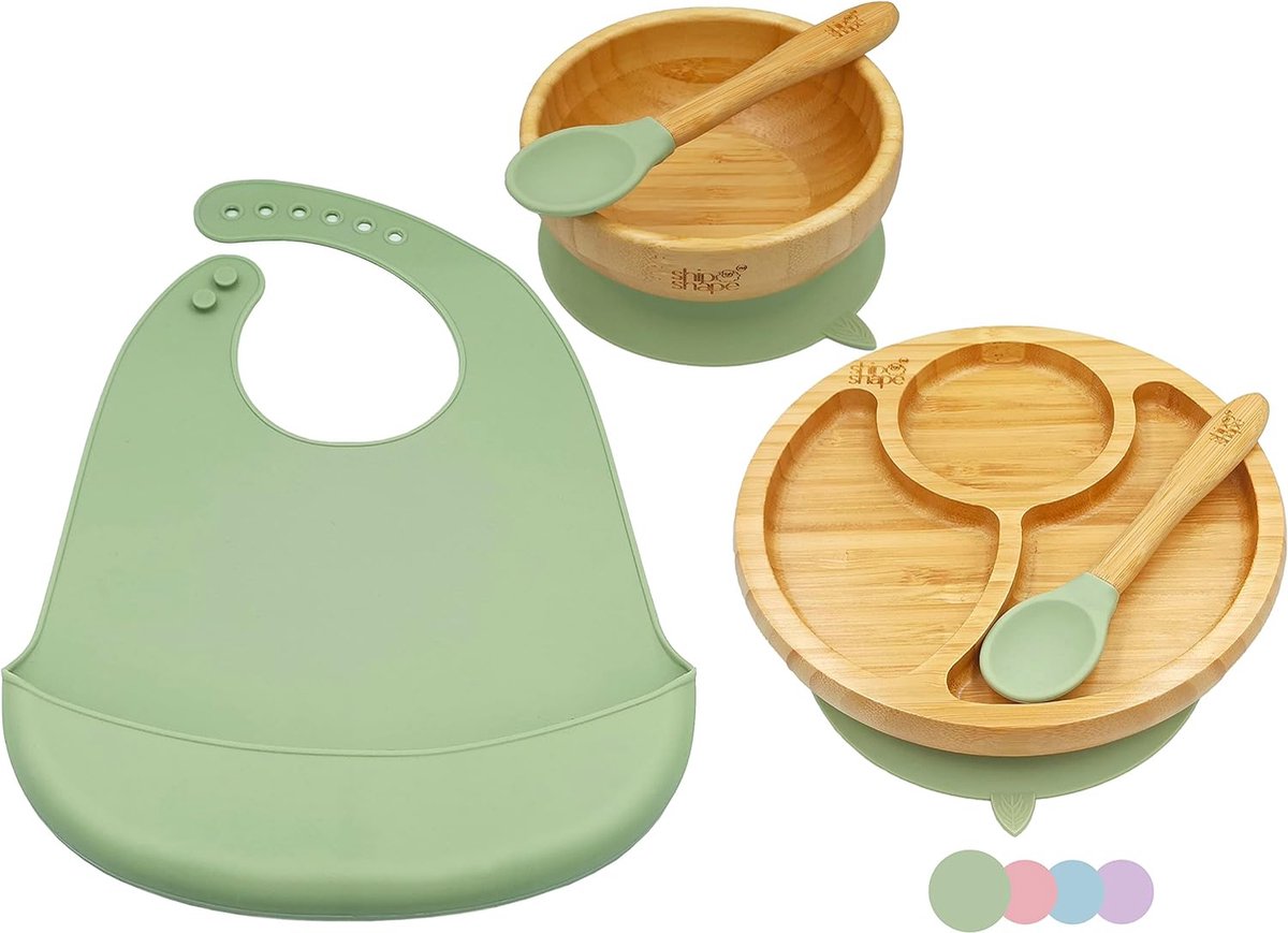 Goedkoopste Babyserviesset - bamboe kinderborden & kom & 2x siliconen lepels & slabbetjes - babyetenset vrij BPA - kinderservies set met zuignap voor peuters, kinderen - gratis e-book