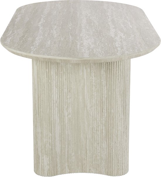 Een pilvormige bijzettafel met een ovaal, lichtgrijs tafelblad en gecanneleerde poot.