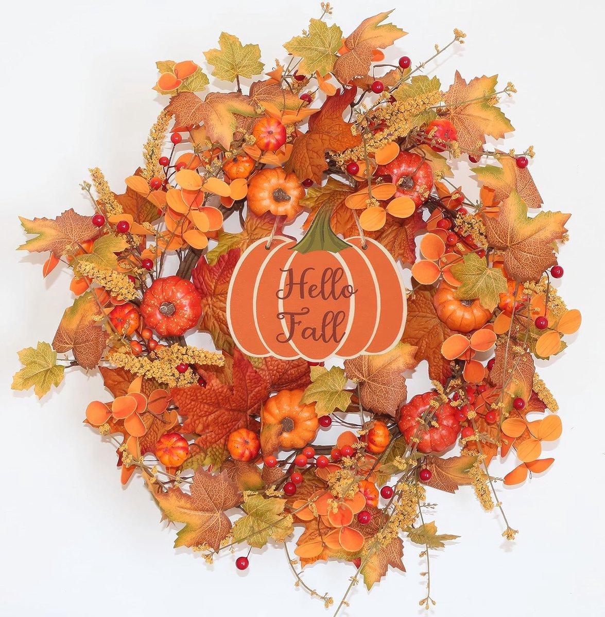Herfstkrans met pompoenen en esdoornbladeren - 50 cm oranje deurkrans voor muurdecoratie en Thanksgiving