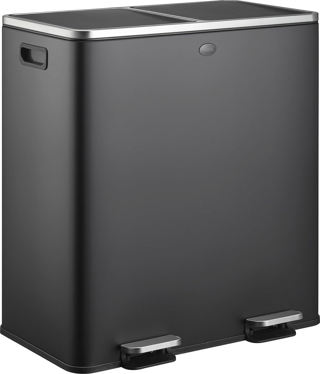 Goedkoopste Grote Pedaalemmer voor Afvalscheiding - 60 Liter Vuilnisbak met 2 Vakken - Soft-close RVS Prullenbak voor Keuken of Kantoor - Mat Zwart