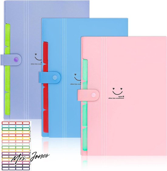 Madame Jones Dossier de documents 3 pièces A4 5 compartiments Dossier de tri Dossier de ventilateur portable Étiquettes Dossier de stockage - Bureau à domicile École.
