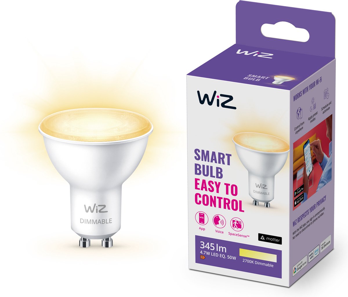 WiZ Spot - Warmwit Licht - Slimme LED Verlichting - GU10 fitting - 50W - Wi-Fi